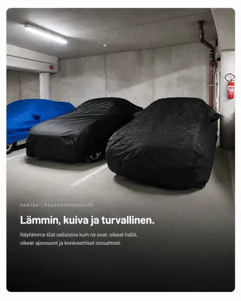 Vuokratallien lämmin pysäköintihalli Vantaalla, ajoneuvoja suojapeitteiden alla.